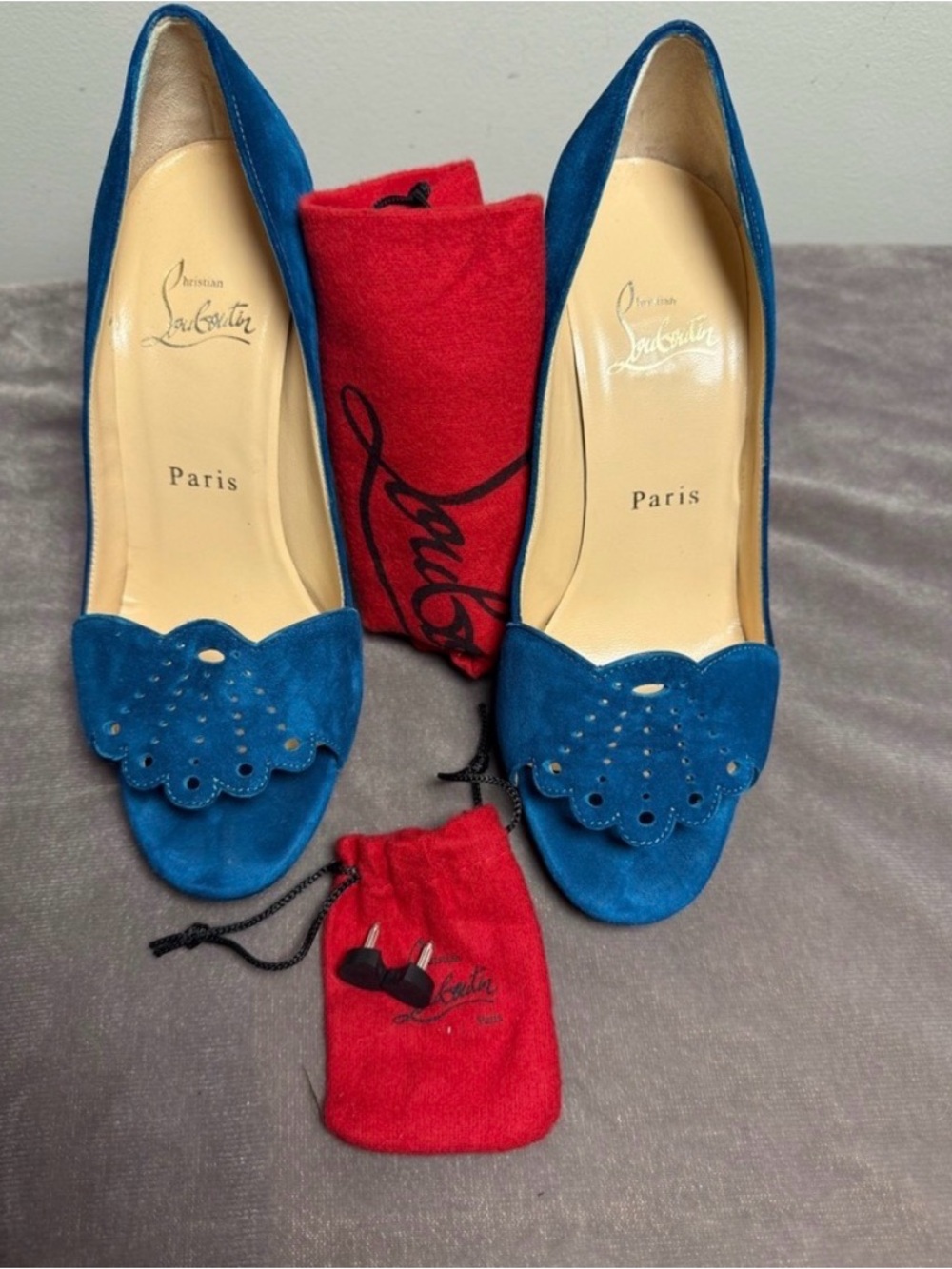 Christian Louboutin Blue aqua Suede open toe heels pumps women’s  36.5 EUC AUTH